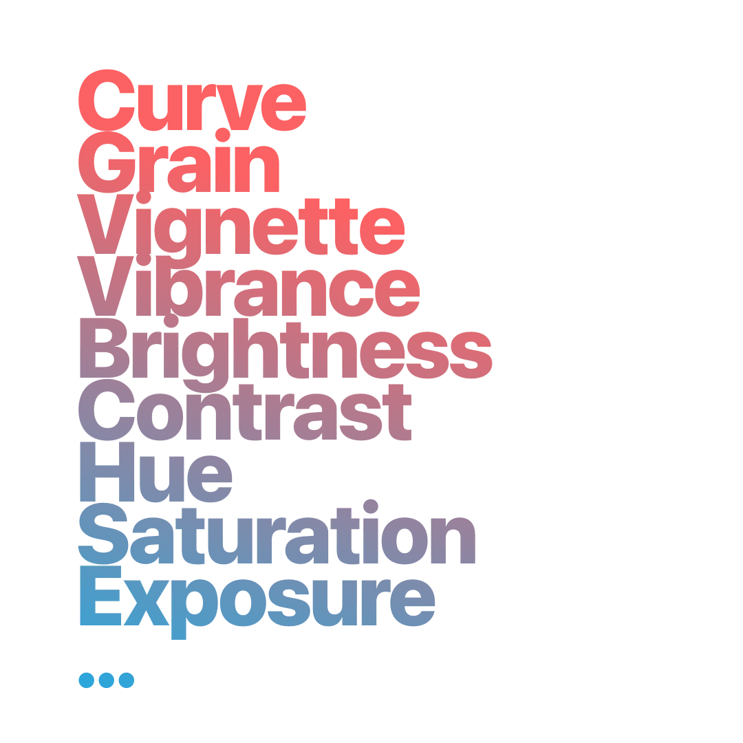 Curve, Grain, Vignette, Vibrance, Brightness, Contrast, Hue, Saturation, Exposure and more